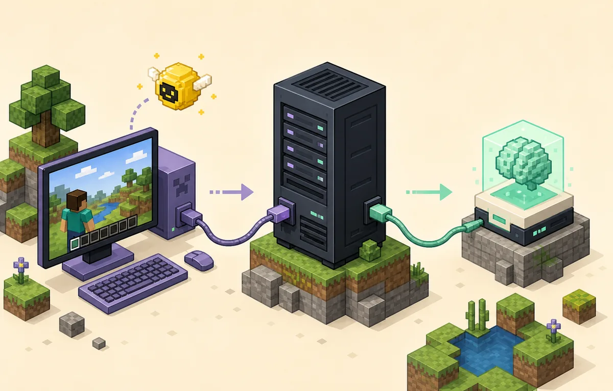 Conceptual diagram showing a Minecraft client, Aternos server and separate AI service