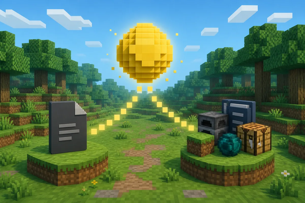 Editorial comparison illustration showing a single Minecraft mod file beside a bundled modpack setup with a yellow Verity sphere