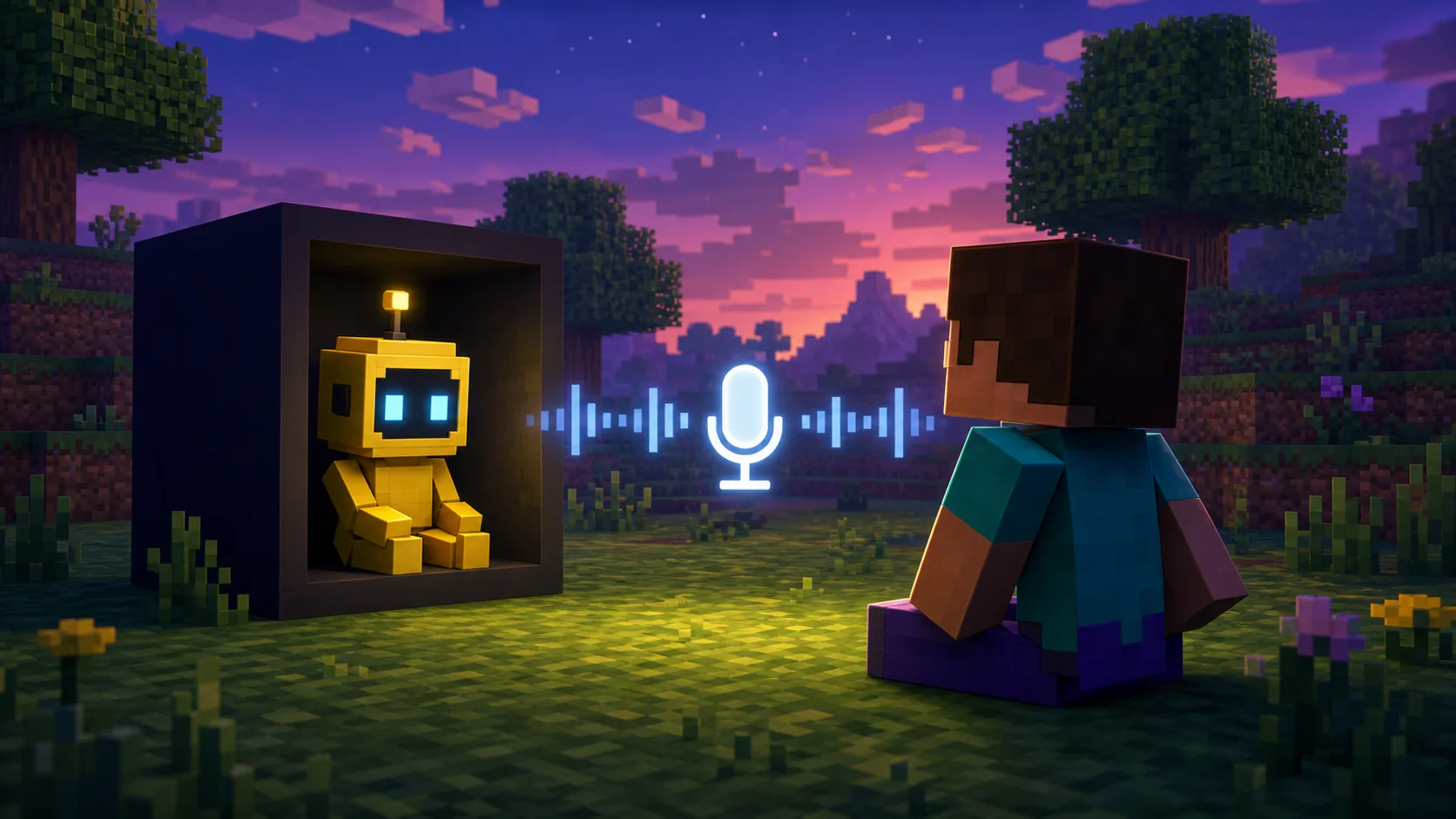 Concept illustration of a Minecraft player speaking with a yellow Verity companion through a microphone